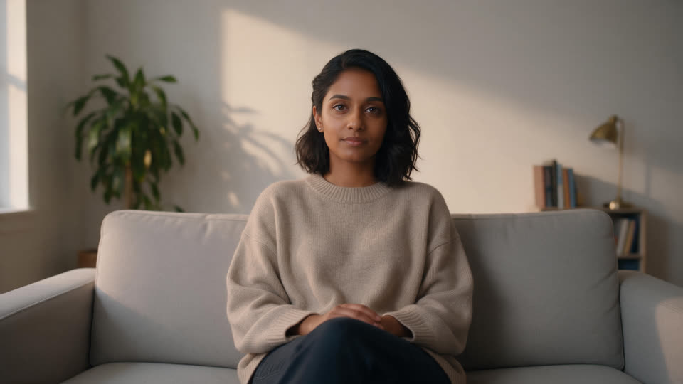 Maya, sitting on a sofa, looking at the camera